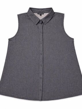 Eileen Fisher Organic Cotton Sleeveless Button Down Shirt Gray L Minimalist